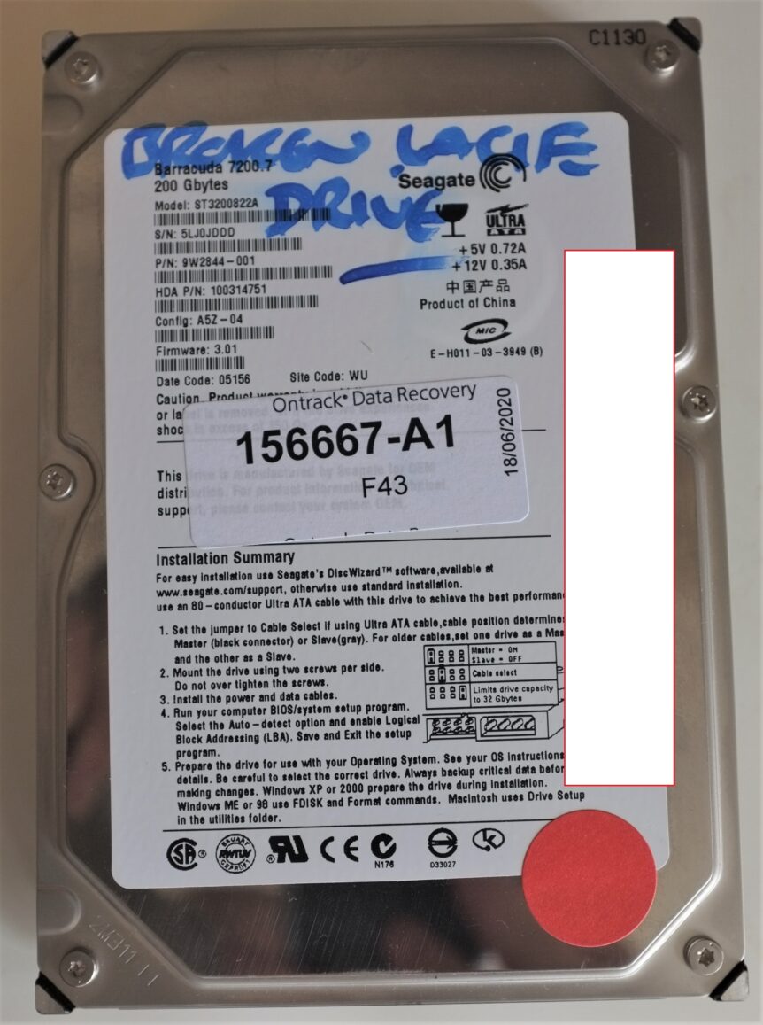 Seagate 7200.7 200GB Previously handled by Ontrack Data Recovery